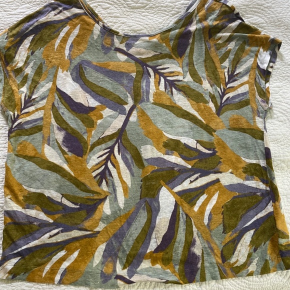 RACHEL ZOE 100% Linen Short Sleeve Multi Color Leaf Blouse, Button Back w/ Vent - Picture 13 of 15